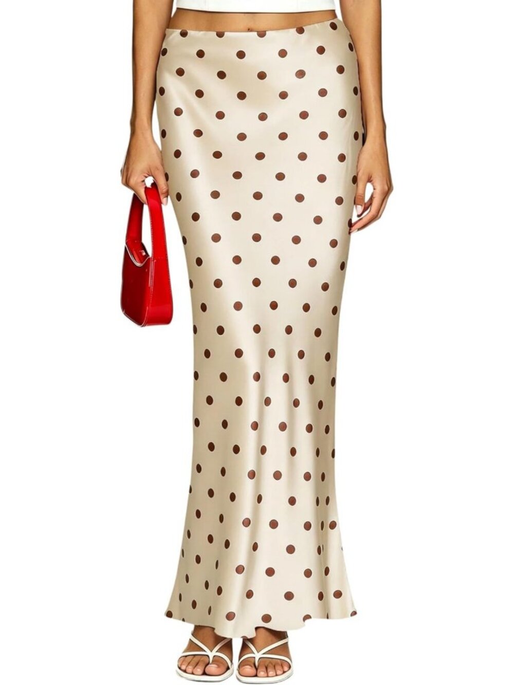 Elegant Women's Satin Maxi Skirt - High Waisted, Flowy A-Line, Polka Dot Design